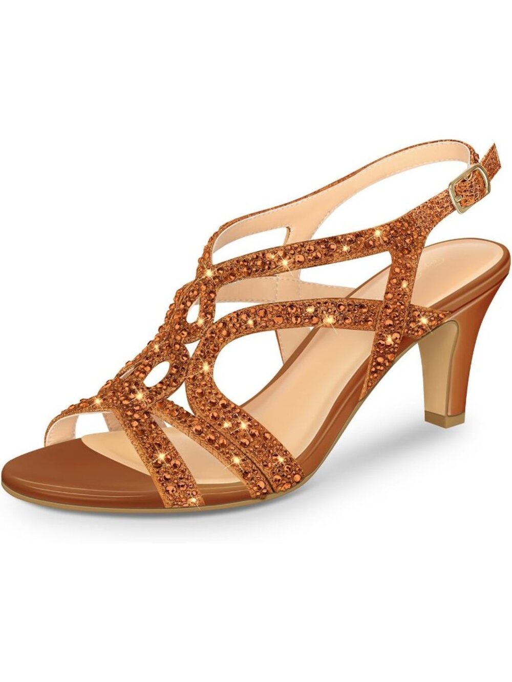 Women's Brown Rhinestone Slingback Heels Open Toe Sparkle Wedding Sandals